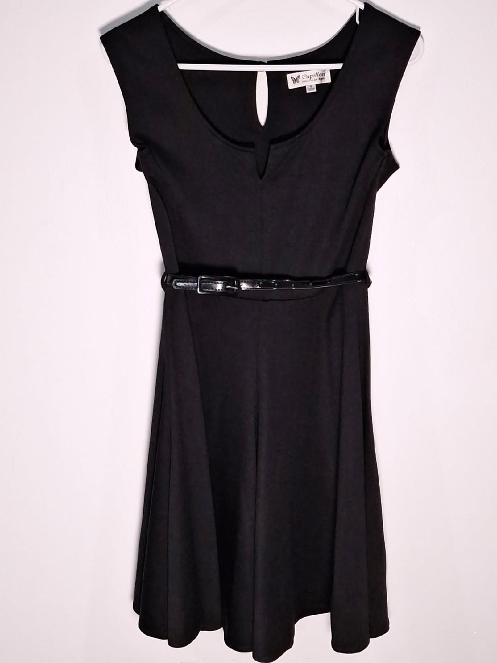 Papillon Blanc Sz Med Black Midi Fit-and-Flare Dress with Patent Belt